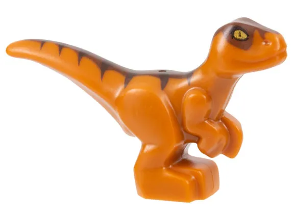 Dinosaur Baby Standing with Reddish Brown Back, Dark Brown Stripes, and Yellow Eyes Pattern