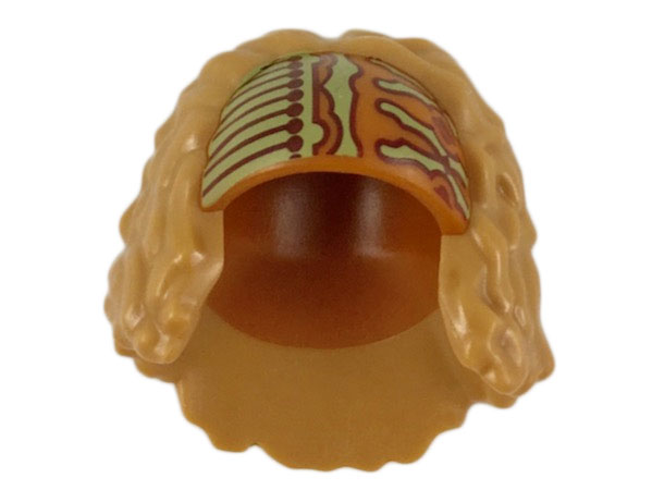 Minifigure, Hair Female, Bushy and Mid-Length with Molded Dark Orange Headband and Printed Olive Green Design Pattern