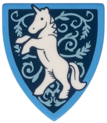 Minifigure, Shield Triangular Short with Medium Blue Border, White Rearing Unicorn, Metallic Light Blue Filigree Pattern