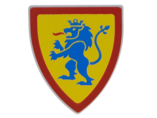 Minifigure, Shield Triangular Short with Blue Lion Standing with Raised Foot on Yellow Background with Red Border Pattern