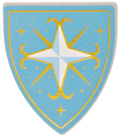 Minifigure, Shield Triangular Short with Ornate Bright Light Blue and White Cross with Gold Sparkles and Border on Medium Blue Background Pattern