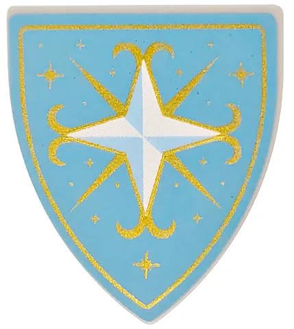 Minifigure, Shield Triangular Short with Ornate Bright Light Blue and White Cross with Gold Sparkles and Border on Medium Blue Background Pattern