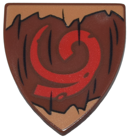 Minifigure, Shield Triangular Short with Black Wood Grain, Medium Nougat Jagged Edges and Red Spiral Pattern (The Legend of Zelda Deku Shield)