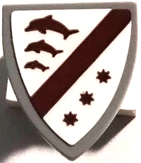 Minifigure, Shield Triangular Short with Dark Red Stripe, 3 Dolphins and Stars on White Background Pattern (Sticker) - Set 76440