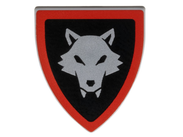 Minifigure, Shield Triangular Short with Silver Wolfpack Almond Eyes, Red Border around Black Background Pattern