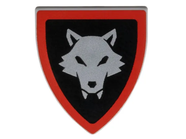 Minifigure, Shield Triangular Short with Silver Wolfpack Almond Eyes, Red Border around Black Background Pattern