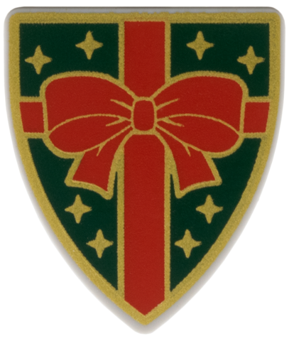 Minifigure, Shield Triangular Short with Red Gift Bow, Gold Stars and Outlines on Dark Green Background Pattern