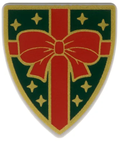 Minifigure, Shield Triangular Short with Red Gift Bow, Gold Stars and Outlines on Dark Green Background Pattern