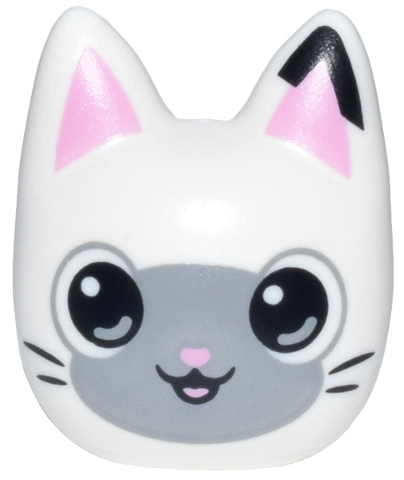 Mini Doll, Head, Modified Cat Narrow with Bright Pink Ears, Nose and Tongue, Light Bluish Gray Face, Black Eyes and Whiskers Pattern