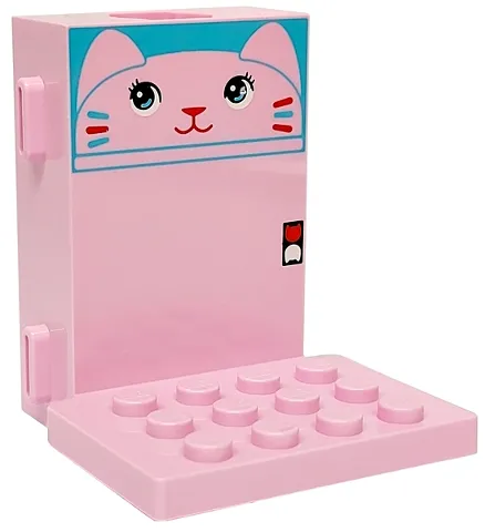 Brick, Modified 2 x 4 x 5 with Hole for Gear Worm Screw 6L, Runners for Channels and Elevator Platform with Cat Head, Black and White Eyes, Medium Azure and Red Nose, Mouth and Whiskers Pattern