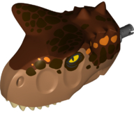 Dinosaur Head Carnotaurus with Pin, Tan Teeth, Reddish Brown Top and Dark Brown and Orange Spots Pattern