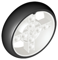 Wheel 56 x 14 Technic with Axle Hole and 8 Pin Holes with Molded Black Hard Rubber Tire Pattern