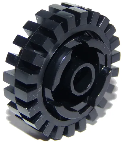 Brick, Round 2 x 2 with Axle Hole with Black Tire 24mm D. x 8mm Offset Tread - Interior Ridges (3941 / 3483)