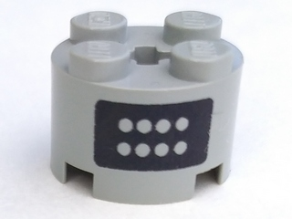 Brick, Round 2 x 2 with Axle Hole with Buttons on Black Panel Pattern on Both Sides