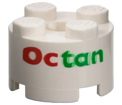 Brick, Round 2 x 2 with Axle Hole with Red and Green 'Octan' Pattern