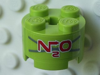 Brick, Round 2 x 2 with Axle Hole with Red 'N2O' on Dark Bluish Gray 'X' Pattern (Sticker) - Set 5980