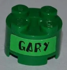 Brick, Round 2 x 2 with Axle Hole with Black 'GARY' on Bright Green Background Pattern on Both Sides (Stickers) - Set 3834
