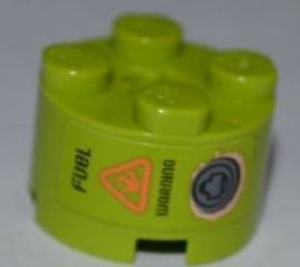 Brick, Round 2 x 2 with Axle Hole with 'FUEL WARNING' and Rusted Filler Cap Pattern (Sticker) - Set 8707