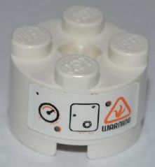 Brick, Round 2 x 2 with Axle Hole with Gauge, Bolted Panel and Black 'WARNING' Pattern (Sticker) - Set 8958