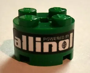 Brick, Round 2 x 2 with Axle Hole with White 'POWERED BY allinol' on Black Background Pattern (Sticker) - Set 8206