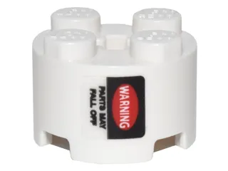 Brick, Round 2 x 2 with Axle Hole with White 'WARNING' in Red Oval and Black 'PARTS MAY FALL OFF' Pattern (Sticker) - Set 75828