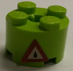 Brick, Round 2 x 2 with Axle Hole with Dark Red Triangle Danger Sign with Oil Drop Pattern (Sticker) - Sets 7298 / 7477
