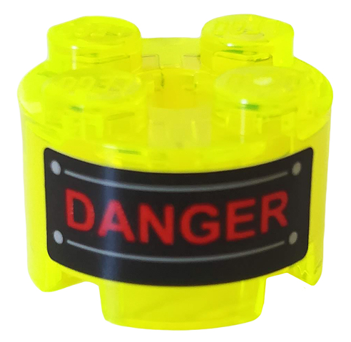 Brick, Round 2 x 2 with Axle Hole with Red 'DANGER', Light Bluish Gray Rivets and Lines on Black Background Pattern (Sticker) - Set 76142