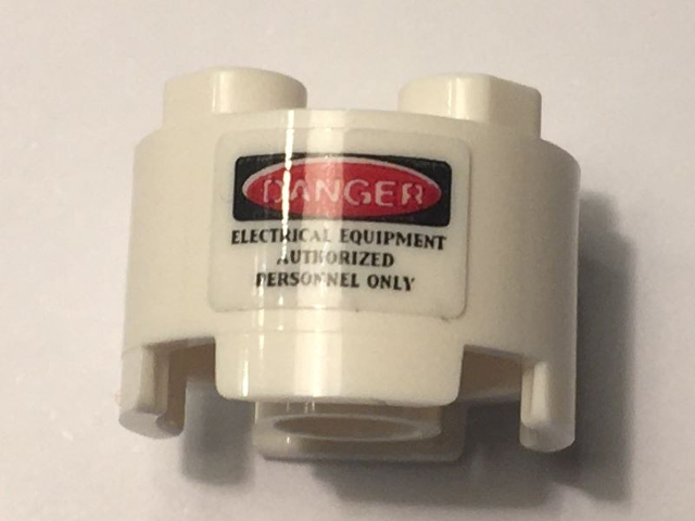 Brick, Round 2 x 2 with Axle Hole with 'DANGER' and 'ELECTRICAL EQUIPMENT AUTHORIZED PERSONNEL ONLY' Pattern (Sticker) - Set 10274