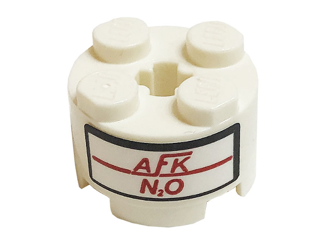 Brick, Round 2 x 2 with Axle Hole with Red 'AFK' and 'N2O' Pattern (Sticker) - Set 10265
