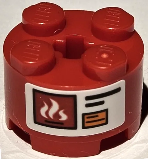 Brick, Round 2 x 2 with Axle Hole with Warning Sign with White Flames, Black Lines and Orange Rectangle Pattern (Sticker) - Set 42111