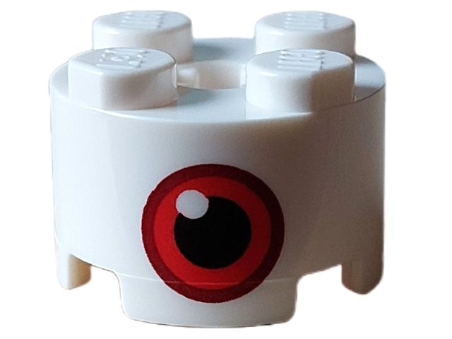Brick, Round 2 x 2 with Axle Hole with Red and Black Eye with White Dot Pattern