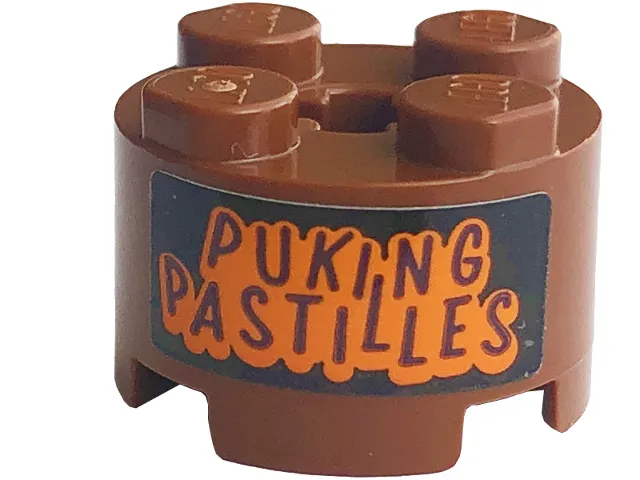Brick, Round 2 x 2 with Axle Hole with 'PUKING PASTILLES' Pattern (Sticker) - Set 76422