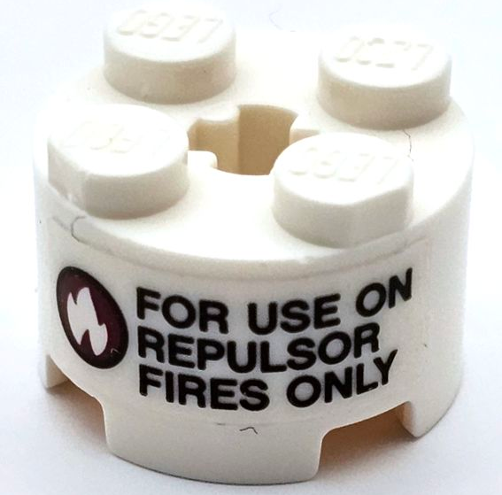 Brick, Round 2 x 2 with Axle Hole with 'FOR USE ON REPULSOR FIRES ONLY' and Flames in Black and Dark Red Circle Pattern (Sticker) - Set 76105