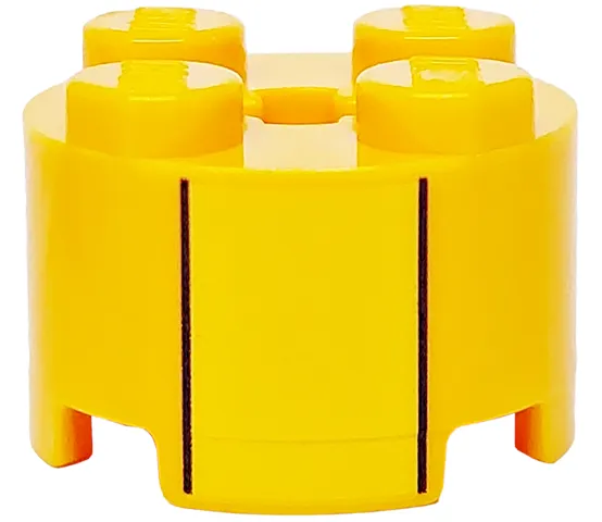 Brick, Round 2 x 2 with Axle Hole with Yellow Stripe and Black Lines Pattern
