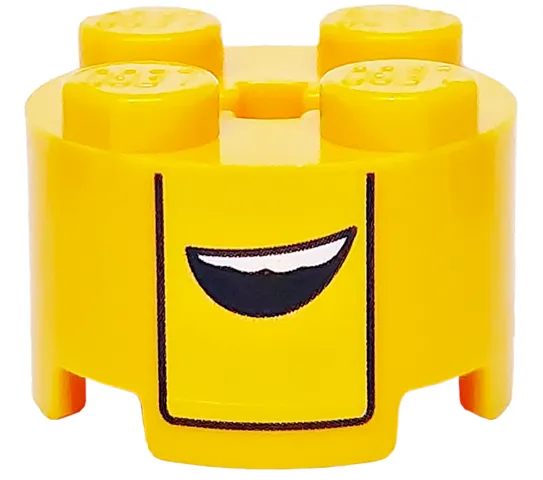Brick, Round 2 x 2 with Axle Hole with Yellow Stripe, Black Bent Line and Open Mouth with White Teeth Pattern