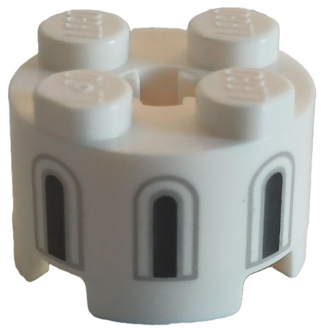 Brick, Round 2 x 2 with Axle Hole with 3 Black and Light Bluish Gray Castle Windows Pattern