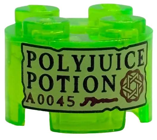 Brick, Round 2 x 2 with Axle Hole with Tan Label with Black 'POLYJUICE POTION' and Dark Red 'A0045' and Symbol Pattern