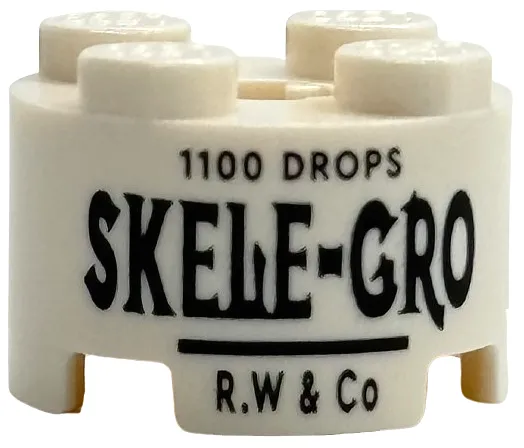 Brick, Round 2 x 2 with Axle Hole with Black '1100 DROPS', 'SKELE-GRO' and 'R.W & Co' Pattern