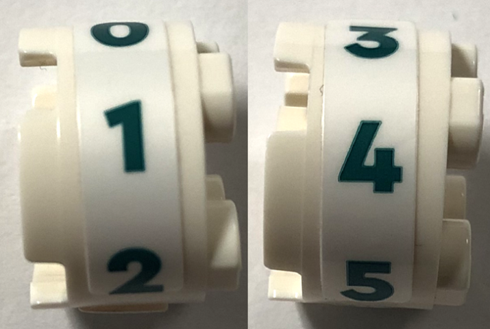 Brick, Round 2 x 2 with Axle Hole with Dark Turquoise Numbers 0, 1, 2, 3, 4 and 5 Pattern Model Left Side (Stickers) - Set 41744