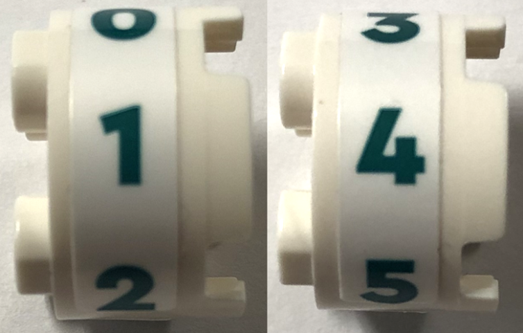 Brick, Round 2 x 2 with Axle Hole with Dark Turquoise Numbers 0, 1, 2, 3, 4 and 5 Pattern Model Right Side (Stickers) - Set 41744