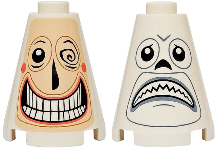 Cone 2 x 2 x 2 - Open Stud with Light Nougat Face, Coral Cheeks, Black Eyes and Nose, Open Mouth Grin with Teeth, Winking / Sad Frown with Light Bluish Gray Lips Pattern