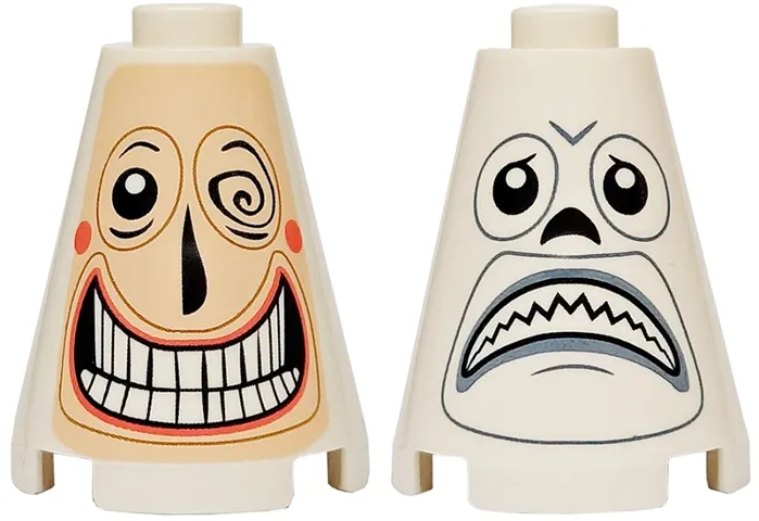 Cone 2 x 2 x 2 - Open Stud with Light Nougat Face, Coral Cheeks, Black Eyes and Nose, Open Mouth Grin with Teeth, Winking / Sad Frown with Light Bluish Gray Lips Pattern