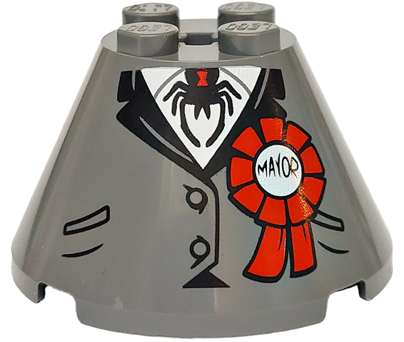 Cone 4 x 4 x 2 with Axle Hole with Jacket with Buttons and Pockets over White Shirt, Black Spider and 'MAYOR' on Red Award Ribbon Pattern