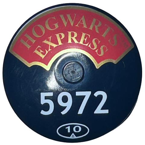 Dish 4 x 4 Inverted (Radar) with Solid Stud with Gold 'HOGWARTS EXPRESS' on Red Background, Large White '5972' and '10' in Oval Pattern