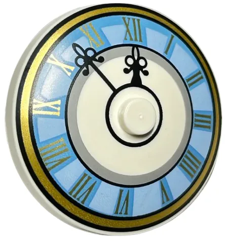 Dish 4 x 4 Inverted (Radar) with Solid Stud with Bright Light Blue and Medium Blue Clock Face with Black Hands and Gold Roman Numerals and Border Pattern