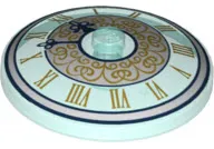 Dish 4 x 4 Inverted (Radar) with Solid Stud with Clock Face Trans Light Blue with Gold Roman Numerals and White Circle with Gold Scrolls Pattern