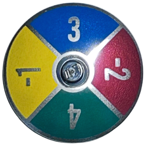 Dish 4 x 4 Inverted (Radar) with Solid Stud with Silver Number -1, -2, 3 and 4 on Dark Blue, Dark Green, Dark Red and Yellow Background Pattern (Game Spinner)