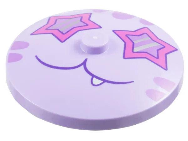 Dish 4 x 4 Inverted (Radar) with Solid Stud with Cat Face with Dark Pink Star Shaped Eyes, Medium Lavender Stripes and Dark Purple Closed Mouth with Tooth Pattern