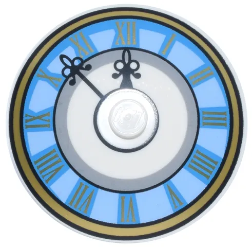 Dish 4 x 4 Inverted (Radar) with Solid Stud with Bright Light Blue and Dark Azure Clock Face with Black Hands and Gold Roman Numerals and Border Pattern