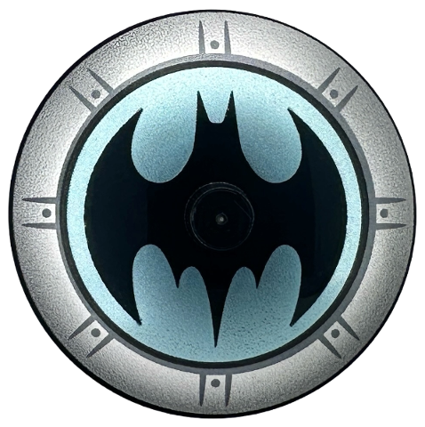 Dish 4 x 4 Inverted (Radar) with Solid Stud with Batman Logo on Metallic Light Blue Background, Silver Border with Dark Bluish Gray Circle and Dots Pattern